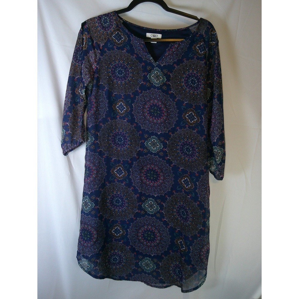Cato Women Navy Blue Mandala Medallion Print Chiffon Shift Dress Med‎ 3/4 Sleeve